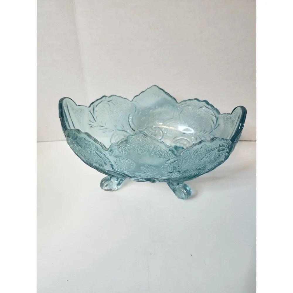 Vintage Glass Blue Center Table Bowl Footed Leaf Design